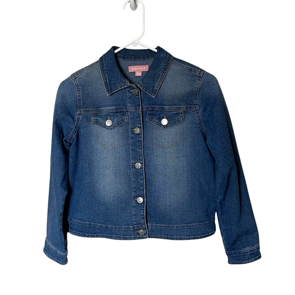BCBG Girls Blue Denim Button Front Distressed Jacket Size Medium or 10-12